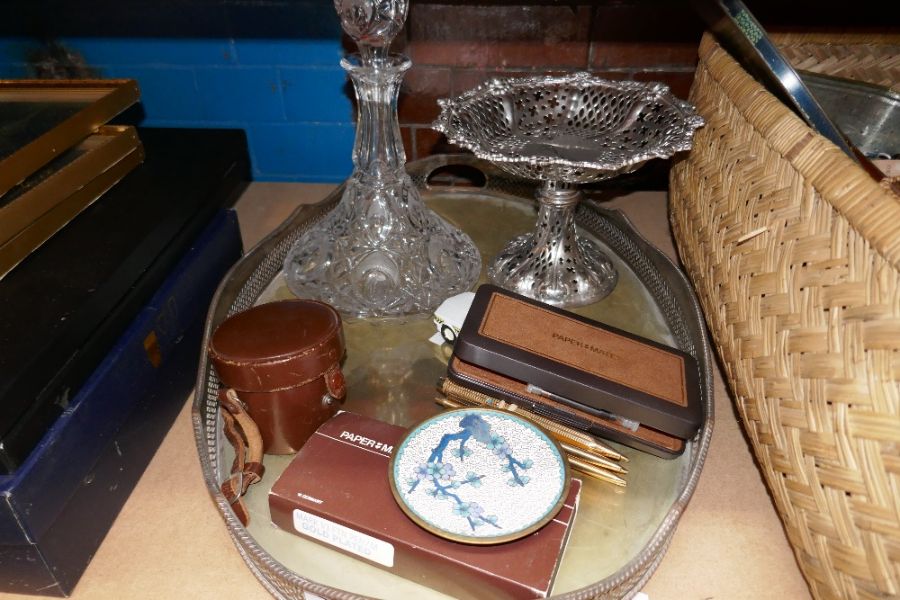 Large silver plated tray containing collectables to include gold plates, Papermate fountain pen, Par