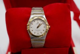 Boxed ladies 'Omega' Constellation Quartz Small stainless steel and 18ct yellow gold wristwatch, 585