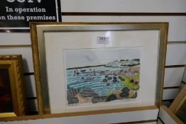 A mid 20th century oil of fields by L Worthington, an oil of Quayside and a modern collage style pic