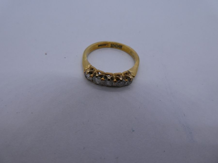 18ct yellow gold diamond set ring, 5 diamonds, the largest approx 0.10 carat, marked 750, size J/K, - Image 2 of 2
