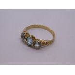 Victorian style aquamarine possibly, trilogy ring mounted floral engraved shoulders, marked 375, Bir