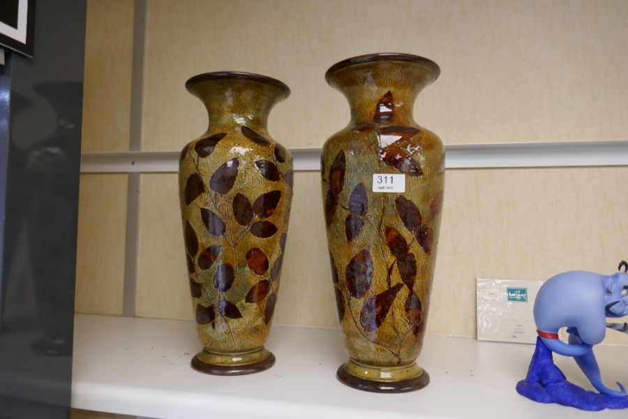 A large pair of Doulton stoneware vases of leaf design, 41cm - one of the vases has a repair at th - Image 2 of 2