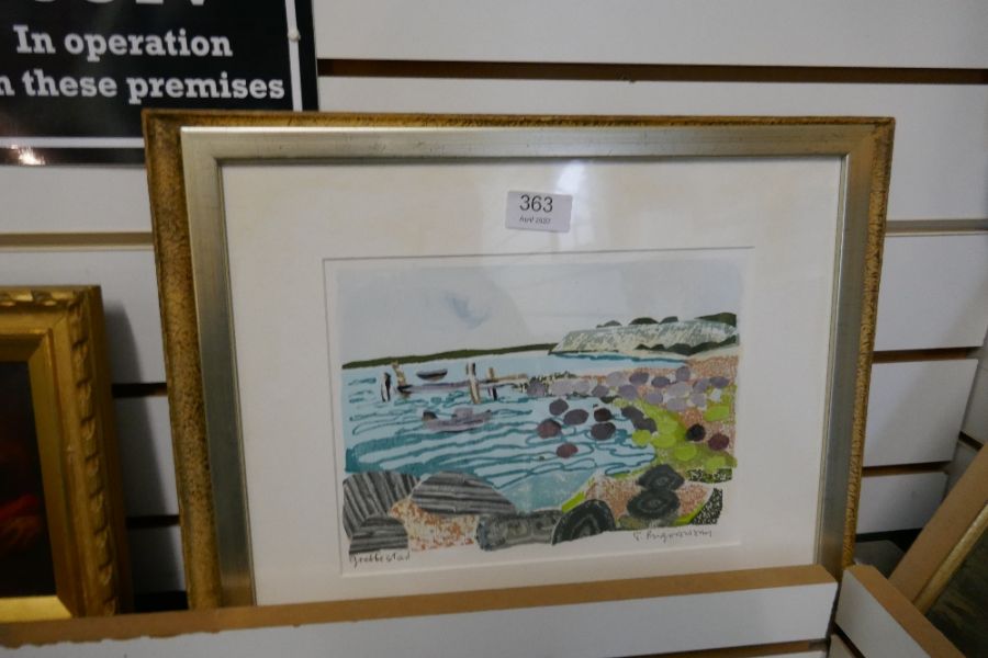 A mid 20th century oil of fields by L Worthington, an oil of Quayside and a modern collage style pic - Image 2 of 4