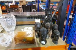 Six carved African busts and sundry