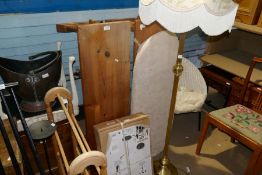 A pair of pine kitchen benches, a modern standard lamp and a hatstand