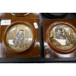 Five Victorian pot lids decorated figures and animals in square wooden frames