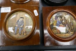 Five Victorian pot lids decorated figures and animals in square wooden frames