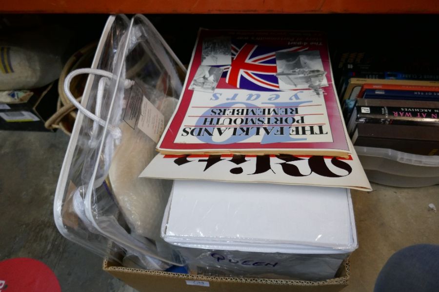 Box of commemorative china, books etc