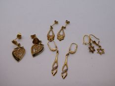 Three pairs of 9ct yellow gold earrings, all of drop design, all marked, 4.8g approx, and a yellow m