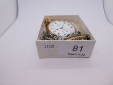 Gold plates Vertex Revue pocket watch, in Dennison case and three vintage ladies wristwatches
