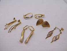 Three pairs of 9ct yellow gold earrings including pair of bi-coloured twisting hoops, 3.8g approx an