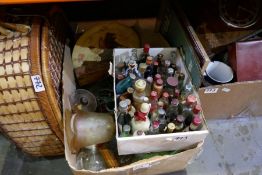 Three boxes of mixed china, glass, mantle metalware, clock , miniatures, pictures etc