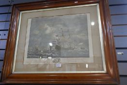 A coloured print of Galleons, in a walnut frame