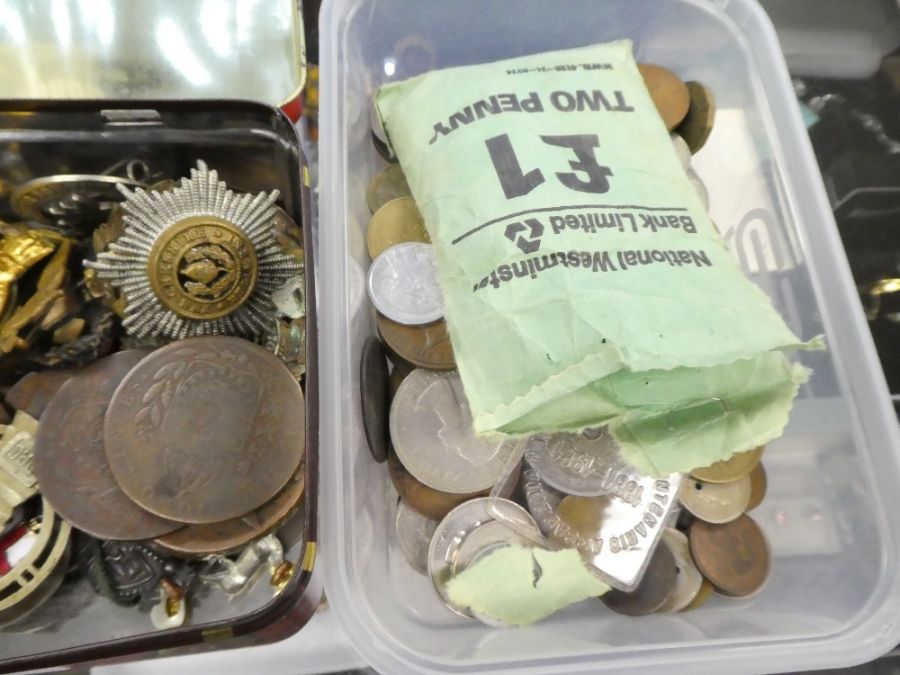 A tin containing military cap badges and pilot's wings and a quantity of coins, including a 1771 Rus - Image 3 of 3