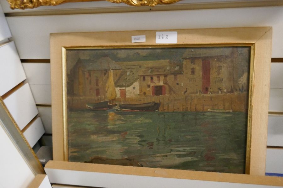 A mid 20th century oil of fields by L Worthington, an oil of Quayside and a modern collage style pic - Image 4 of 4