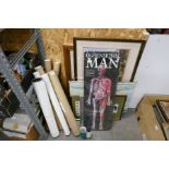 A Dimensional man kit, various rolled prints and other framed pictures