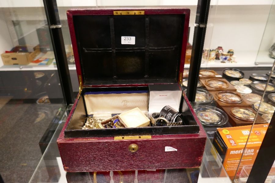 Antique red leather jewellery box by Edwards & Sons, Regent Street containing quantities of various