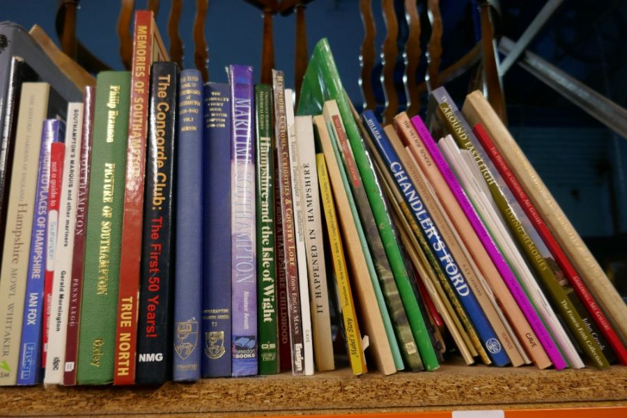 A shelf of books on Southampton and Hampshire, including an 1805 book titled 'A Walk Through Southam