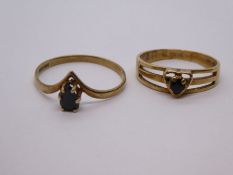 9ct yellow gold wishbone ring, set with pear shaped sapphire, size S, and a 9ct sapphire set dress r