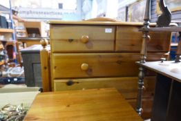 A Ducal style pine chest of drawers, a three drawer beside and a headboard