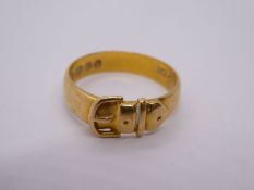 18ct yellow gold buckle ring, size O, marked 18, 4.7g approx