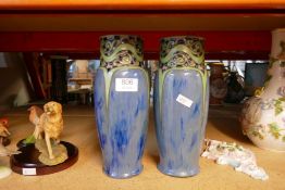 Pair of art nouveau design blue and green vase by Royal Doulton, initials F.J 8188