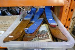 Two pairs of vintage walking skis, prints and sundry