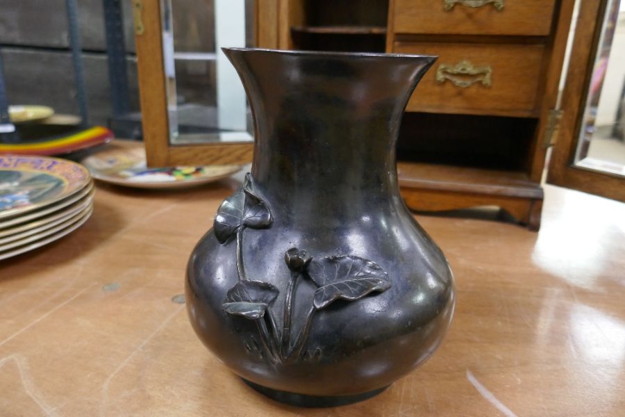 A Japanese bronze vase decorated turtle and flower, signed to base - Image 3 of 3