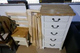 A contemporary pillar chest having five drawers and other items