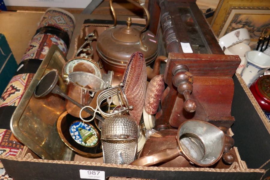 A quantity of pictures, plus a tray of sundry including copper items