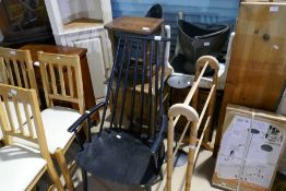 A sundry lot to include bedside chests, a stickback armchair and a pine towel airer