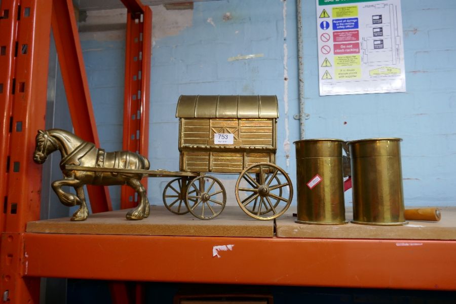 Brass horse and cart, trench art and vintage mincer - Image 3 of 4