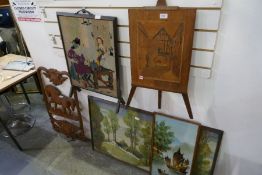 A tapestry firescreen, a wooden picture, an easel and two others (4)