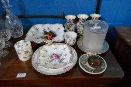 Dresden style china, a silver plated and glass biscuit barrel and sundry