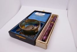 Vintage box containing silver bangle light infantry badges, 14k gold nibbed Conway Stewart fountain