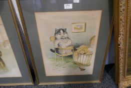 Louis Wain, two coloured prints of cats probably mid 20th century, and two others (4)