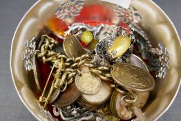 Silver plated jar containing silver rings, cameo brooch, bracelet hung with various coins, silver op