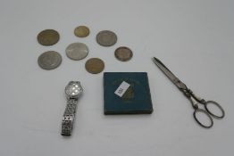 Small quantity coins, watch and Mother of Pearl scissors