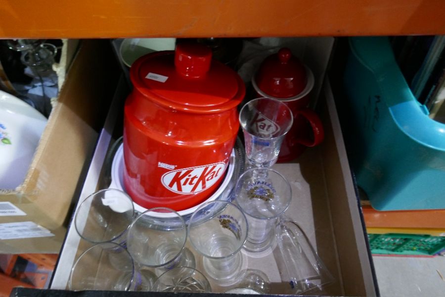 Two boxes of mixed china and glassware to include KitKat kitchen item, glass decanters - Image 2 of 5