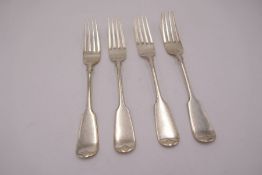 A set of four Victorian heavy silver fiddle design forks. Hallmarked Sheffield 1895, John Round and