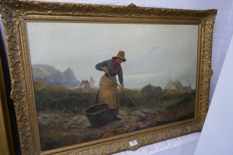 R. Gallon, possibly Robert Gallon (1839 - 1911) an antique oil of women working the land on Cornish