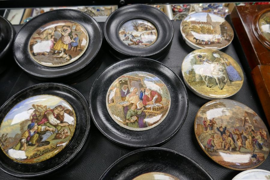 A quantity of Victorian pot lids decorated figures, animals and similar some unframed but with spare - Image 2 of 5