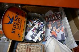 Box basket various vintage linen, hats, buttons and other sewing related items