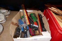 Box of model trains including Triang, etc and a box of die cast cars etc