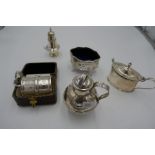 A selection of silver items to include a Victorian pierced decorative mustard with Bristol blue inse