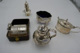 A selection of silver items to include a Victorian pierced decorative mustard with Bristol blue inse