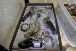 Men's wrist watches, coins and sundry