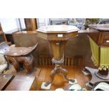 A Victorian burr walnut trumpet sewing table having inlaid lid, height 74.5cm