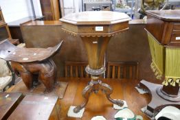 A Victorian burr walnut trumpet sewing table having inlaid lid, height 74.5cm