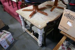 An old pine Kitchen table having painted base with stretcher